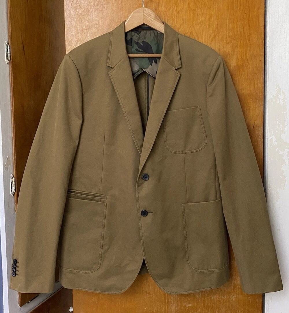 VALENTINO GARAVANI Tan Green Blazer twill sport coat camo lining Size 54 44” Ch